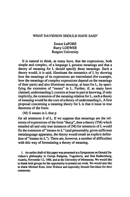 WHAT DAVIDSON SHOULD HAVE Saidl Ernest Lepore Barry LOEWER Rutgers University It Is Natural to Think, As Many Have, That The