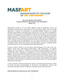 DEAN of GRADUATE STUDIES MASSACHUSETTS COLLEGE of ART and DESIGN Boston, MA Massachusetts College of Art and Design (Massart) Se