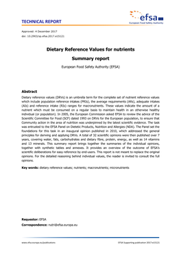 Dietary Reference Values for Nutrients Summary Report