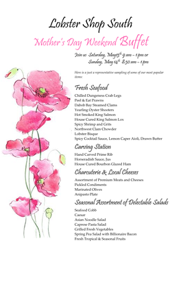 Buffet Join Us Saturday, May13th 9 Am – 1 Pm Or Sunday, May 14Th 8:30 Am – 1 Pm