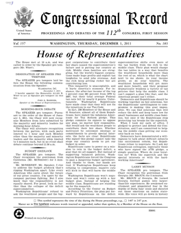 Congressional Record United States Th of America PROCEEDINGS and DEBATES of the 112 CONGRESS, FIRST SESSION