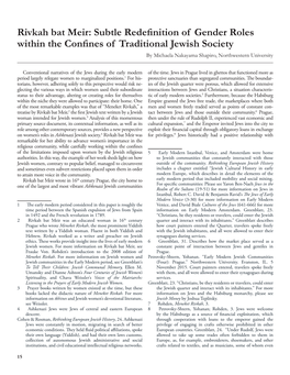 Rivkah Bat Meir: Subtle Redefinition of Gender Roles Within the Confines of Traditional Jewish Society by Michaela Nakayama Shapiro, Northwestern University