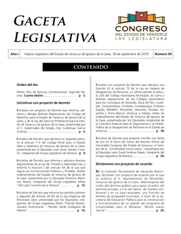 Año I Palacio Legislativo Del Estado De Veracruz De Ignacio De La Llave, 18 De Septiembre De 2019 Número 54 Orden Del Día