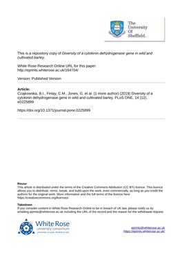 Diversity of a Cytokinin Dehydrogenase Gene in Wild and Cultivated Barley