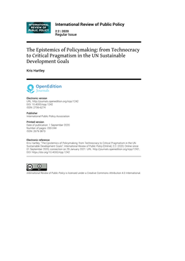 The Epistemics of Policymaking: from Technocracy to Critical Pragmatism in the UN Sustainable Development Goals