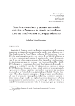 Transformación Urbana Y Procesos Territoriales Recientes En Zaragoza Y Su Espacio Metropolitano Land-Use Transformations in Zaragoza Urban Area