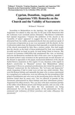 Cyprian, Donatism, Augustine, and Augustana VIII: Remarks on the Church and the Validity of Sacraments,” Concordia Theological Quarterly 55, No