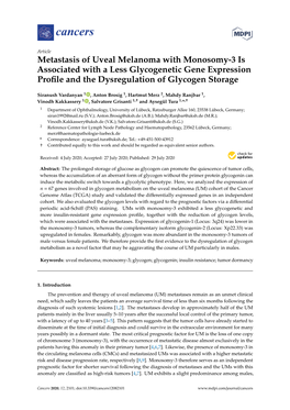 Metastasis of Uveal Melanoma with Monosomy-3 Is Associated with a Less Glycogenetic Gene Expression Proﬁle and the Dysregulation of Glycogen Storage