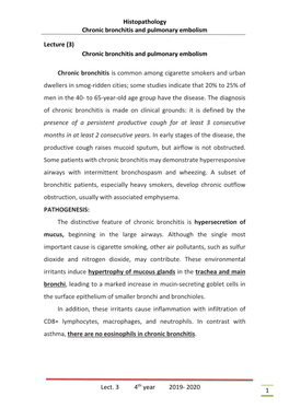 Histopathology Chronic Bronchitis and Pulmonary Embolism Lect. 3 4Th Year 2019- 2020 1 Lecture (3) Chronic Bronchiti