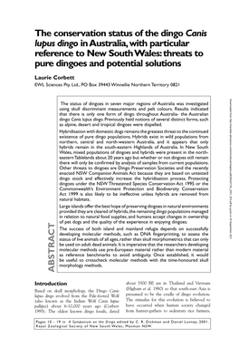 The Conservation Status of the Dingo Canis Lupus Dingo in Australia, with Particular Reference to New South Wales: Threats to Pure Dingoes and Potential Solutions