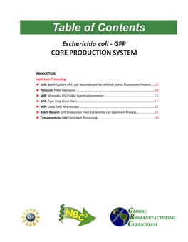 Table of Contents Escherichia Coli - GFP CORE PRODUCTION SYSTEM