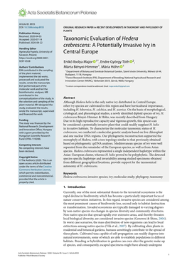 Taxonomic Evaluation of Hedera Crebrescens: a Potentially Invasive Ivy in Central Europe