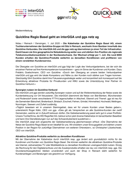 Quickline Regio Basel Geht an Intergga Und Ggs Netz Ag