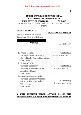 In the Supreme Court of India Civil Original Jurisdiction Writ Petition (Civil) No.______Of 2020 (A Writ Petition Under Article 32 of Constitution of India)