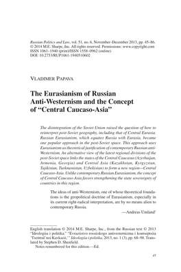 The Eurasianism of Russian Anti-Westernism and the Concept of “Central Caucaso-Asia”