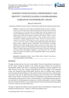 Feminist Consciousness, Empowerment and Identity: Contextualizing Chandraprabha Saikiani in Contemporary Assam