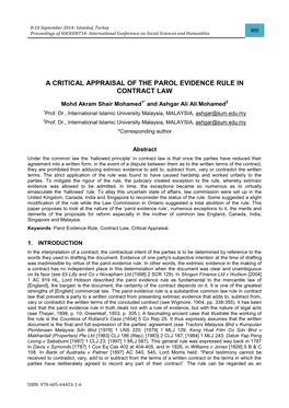 A Critical Appraisal of the Parol Evidence Rule in Contract Law