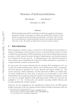 Measures of Hydroxymethylation Arxiv:1708.04819V2 [Q-Bio.QM]