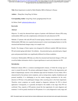 Brain Impairment Revealed by Multi-Modality MRI in Parkinson's