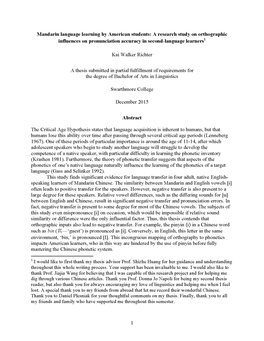 Mandarin Language Learrting by American Students: a Research Study on Orthographic Influences on Pronunciation Accuracy in Second-Language Learners'