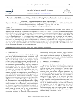 Journal of Advanced Scientific Research Variation in Lipid Classes