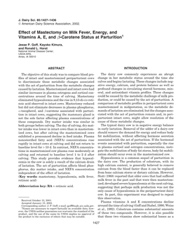 Effect of Mastectomy on Milk Fever, Energy, and Vitamins A, E, and Beta-Carotene Status at Parturition