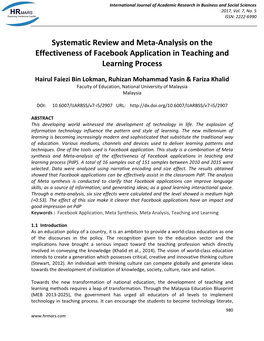 Systematic Review and Meta-Analysis on the Effectiveness of Facebook Application in Teaching and Learning Process