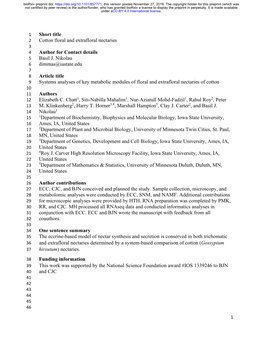 Systems Analyses of Key Metabolic Modules of Floral and Extrafloral Nectaries of Cotton 10 11 Authors 12 Elizabeth C