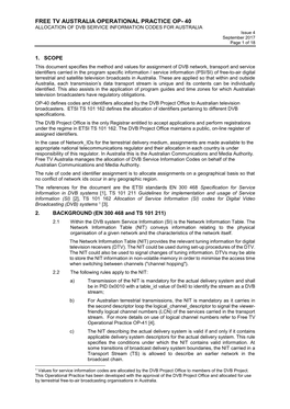 FREE TV AUSTRALIA OPERATIONAL PRACTICE OP- 40 ALLOCATION of DVB SERVICE INFORMATION CODES for AUSTRALIA Issue 4 September 2017 Page 1 of 18