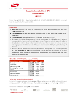 Grupo Sanborns S.A.B. De C.V. Earnings Reoprt 1Q 2018