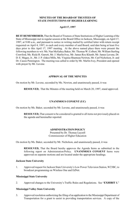 MINUTES of the BOARD of TRUSTEES of STATE INSTITUTIONS of HIGHER LEARNING April 17, 1997 BE IT REMEMBERED, That the Board Of