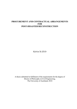 Procurement and Contractual Arrangements for Post-Disaster Reconstruction