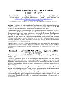 Service Systems and Systems Sciences in the 21St Century