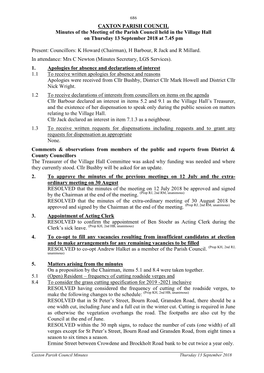 Minutes of the Meeting of the Parish Council Held in the Village Hall on Thursday 13 September 2018 at 7.45 Pm