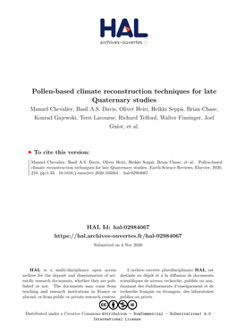 Pollen-Based Climate Reconstruction Techniques for Late Quaternary Studies Manuel Chevalier, Basil A.S