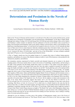 Determinism and Pessimism in the Novels of Thomas Hardy