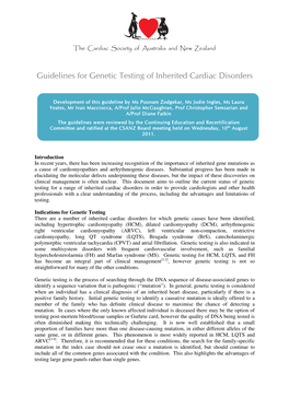 Guidelines for Genetic Testing of Inherited Cardiac Disorders