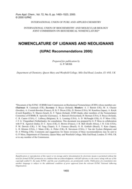 Nomenclature of Lignans and Neolignans