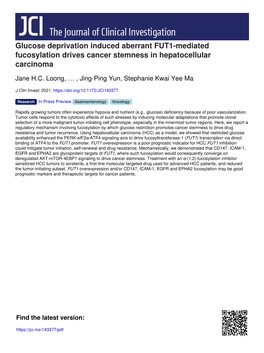 Glucose Deprivation Induced Aberrant FUT1-Mediated Fucosylation Drives Cancer Stemness in Hepatocellular Carcinoma