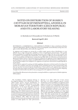 Notes on Distribution of Bombus Cryptarum (Hymenoptera, Apoidea) in Moravian Territory (Czech Republic) and Its Laboratory Rearing