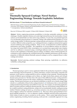 Thermally Sprayed Coatings: Novel Surface Engineering Strategy Towards Icephobic Solutions