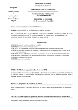 SEANCE DU 12 JUIN 2018 Exprimés 15 Date De Convocation Le 4 Juin 2018