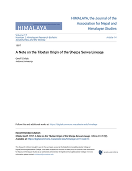 A Note on the Tibetan Origin of the Sherpa Serwa Lineage