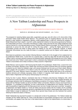 A New Taliban Leadership and Peace Prospects in Afghanistan Written by Marvin G