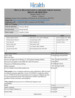 MENTAL HEALTH CLINICAL ADVISORY GROUP AGENDA REGULAR MEETING Thursday, March 7, 2019 1:00 P.M