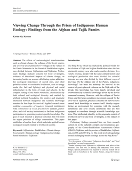 Viewing Change Through the Prism of Indigenous Human Ecology: Findings from the Afghan and Tajik Pamirs