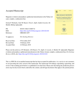 Epithermal Mineralization in the Taftan Volcanic Complex, Southeastern Iran, Ore Geology Reviews (2018), Doi