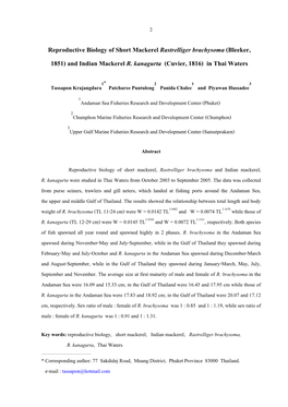 Reproductive Biology of Short Mackerel Rastrelliger Brachysoma (Bleeker, 1851) and Indian Mackerel R