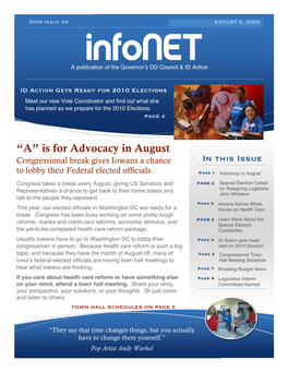 “A” Is for Advocacy in August Congressional Break Gives Iowans a Chance in This Issue to Lobby Their Federal Elected Officials