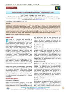 Anti-Inflammatory and Antioxidant Activities of Rhubarb Roots Extract